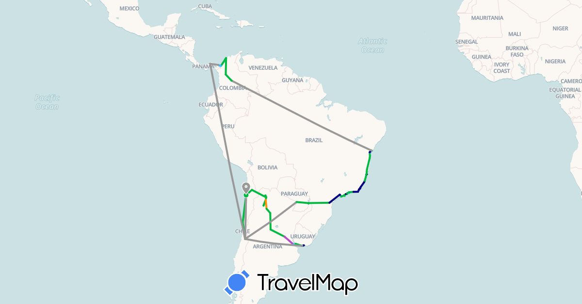 TravelMap itinerary: driving, bus, plane, train, hiking, boat, hitchhiking, motorbike in Argentina, Brazil, Chile, Colombia, Panama, Paraguay, Uruguay (North America, South America)